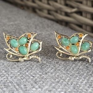 Vintage Estate Clip On Earrings Butterfly Dragonfly Moth Jade tone Amber Tone